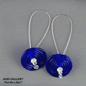 NWOT Earrings Blue Glass Disks Austria Crystals SS Ear wires, Handmade 3" long